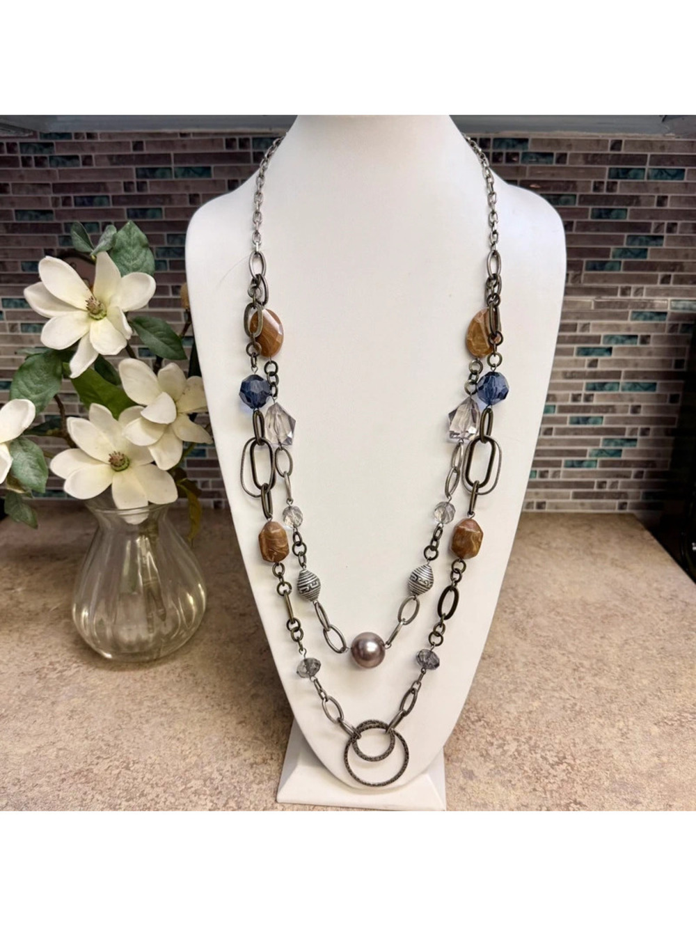 Chico's Long Multi-Strand Statement Necklace Silver Tone Brown Purple Mixed Bead